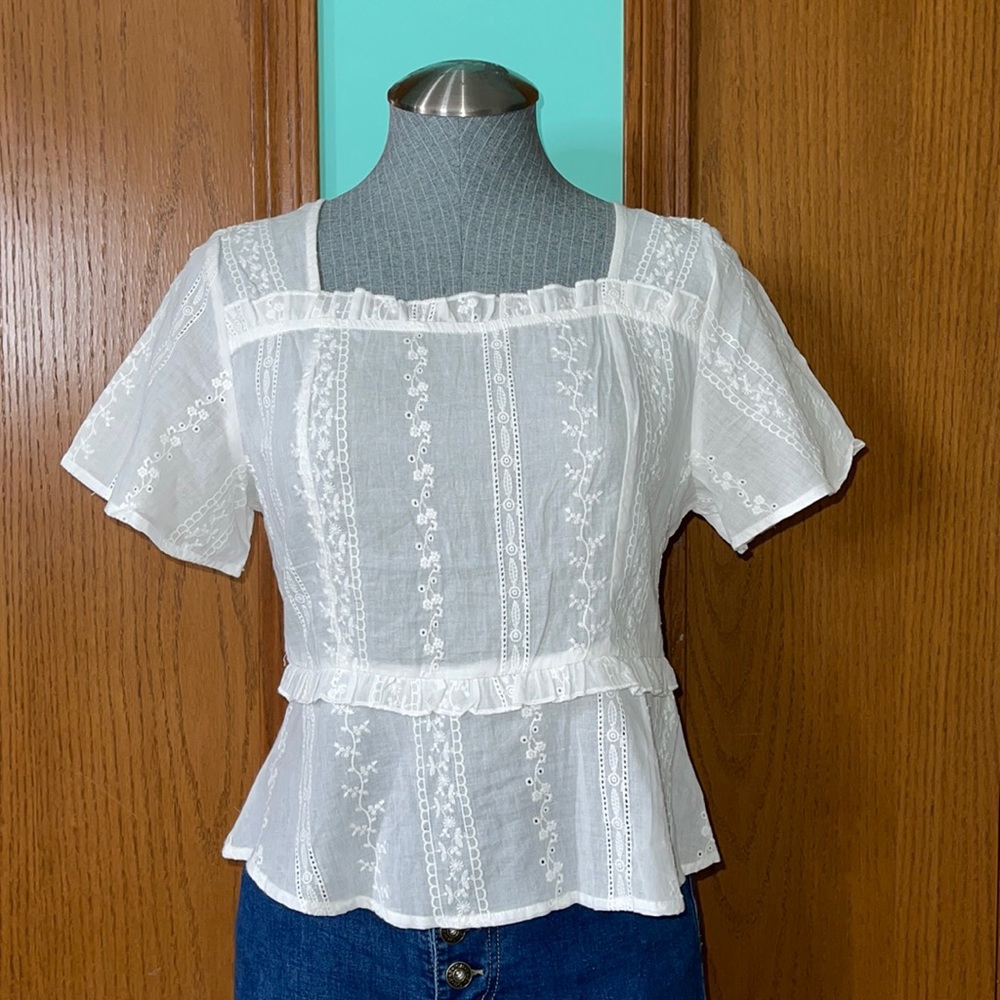 Zip Back Ruffle Embroidered Peplum Top